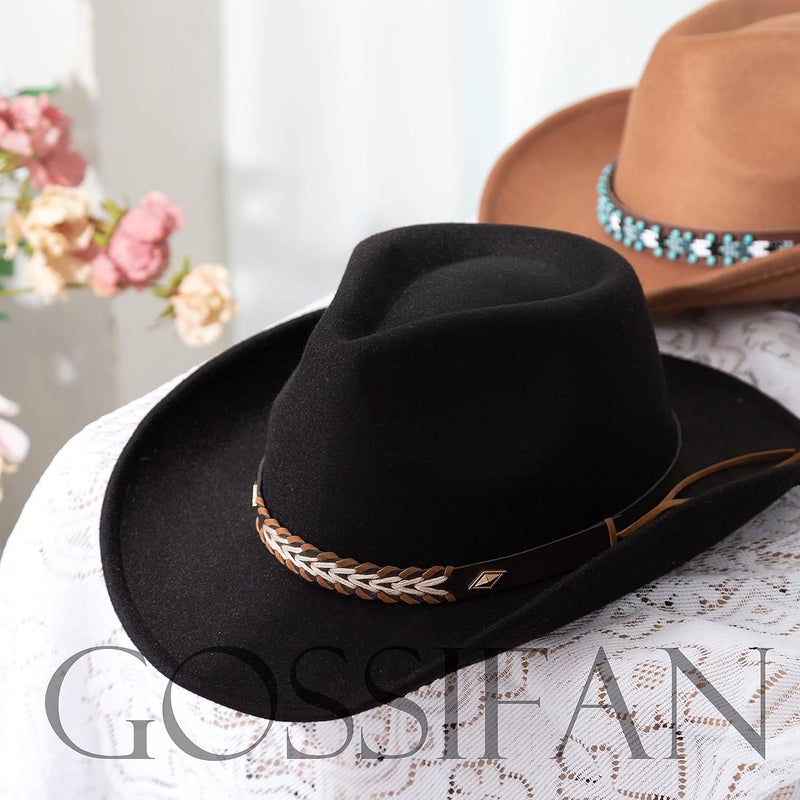 Gossifan Western Cowboy & Cowgirl Hat Felt Wide Brim Women Men Fedora Hats - Image 5
